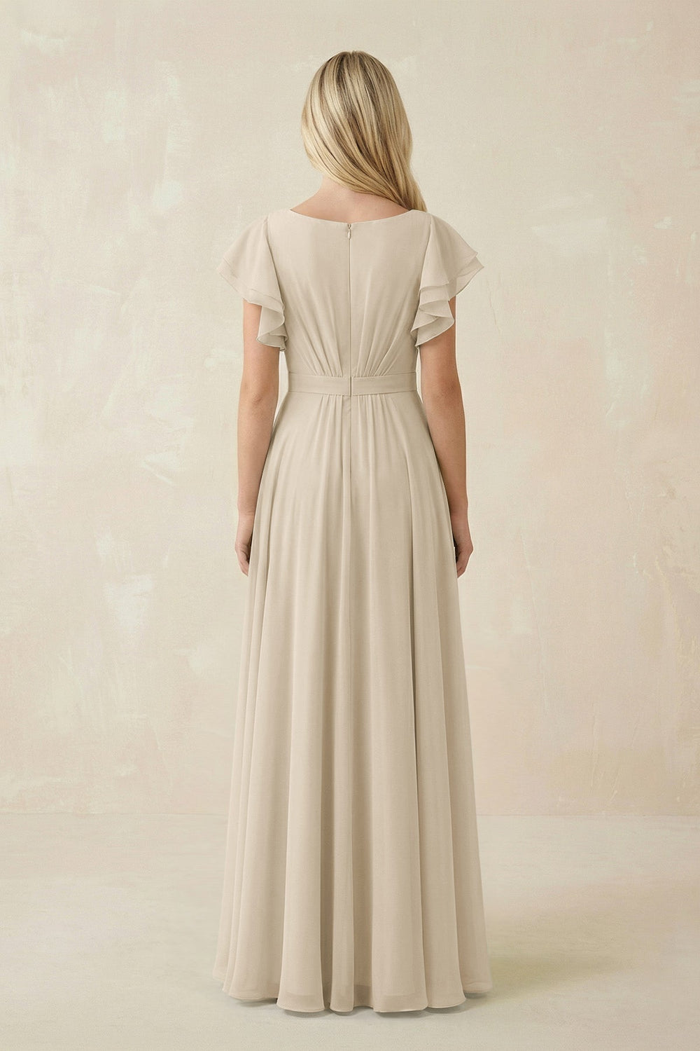 Cap Sleeve Ruffled A - Line Chiffon Bridesmaid Dress in Champagne - KISS BRIDAL Bridesmaid Dresses