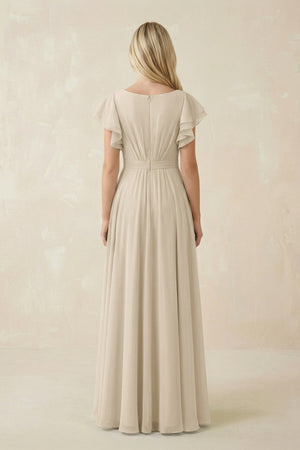 Cap Sleeve Ruffled A - Line Chiffon Bridesmaid Dress in Champagne - KISS BRIDAL Bridesmaid Dresses