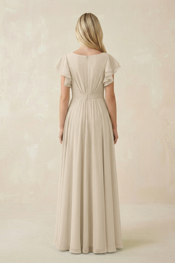 Cap Sleeve Ruffled A - Line Chiffon Bridesmaid Dress in Champagne - KISS BRIDAL Bridesmaid Dresses