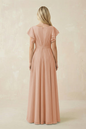 Cap Sleeve Ruffled A - Line Chiffon Bridesmaid Dress in Champagne Rose - SHE IS ME Bridesmaid Dresses