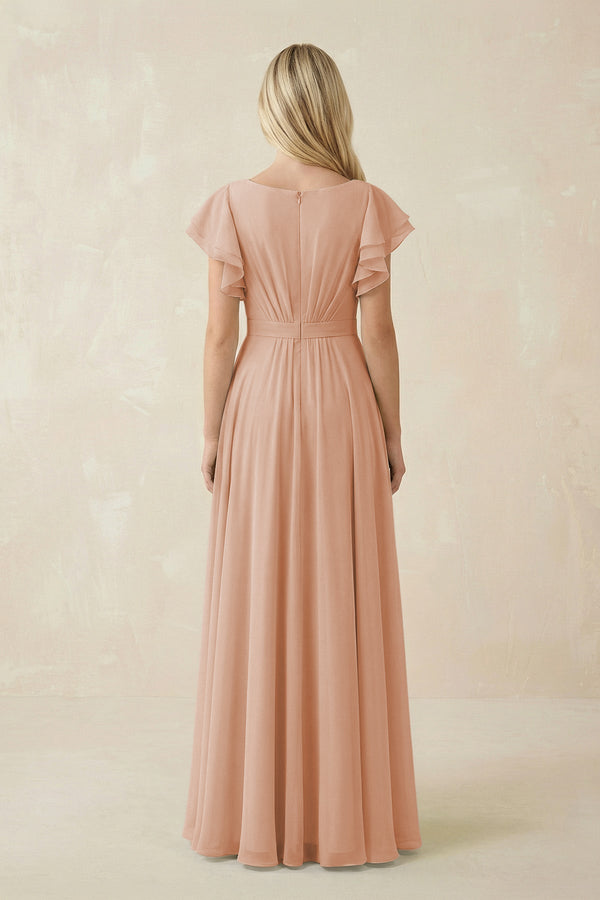 Cap Sleeve Ruffled A - Line Chiffon Bridesmaid Dress in Champagne Rose - SHE IS ME Bridesmaid Dresses