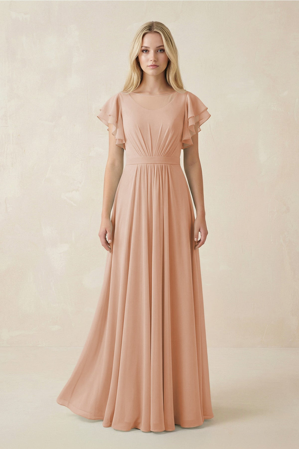 Cap Sleeve Ruffled A - Line Chiffon Bridesmaid Dress in Champagne Rose - KISS BRIDAL Bridesmaid Dresses