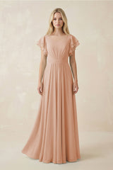 Cap Sleeve Ruffled A - Line Chiffon Bridesmaid Dress in Champagne Rose - KISS BRIDAL Bridesmaid Dresses