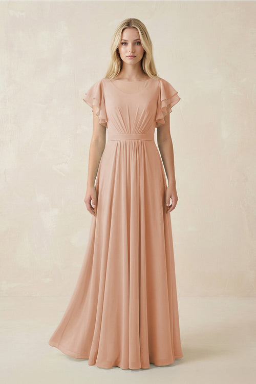 Cap Sleeve Ruffled A - Line Chiffon Bridesmaid Dress in Champagne Rose - SHE IS ME Bridesmaid Dresses