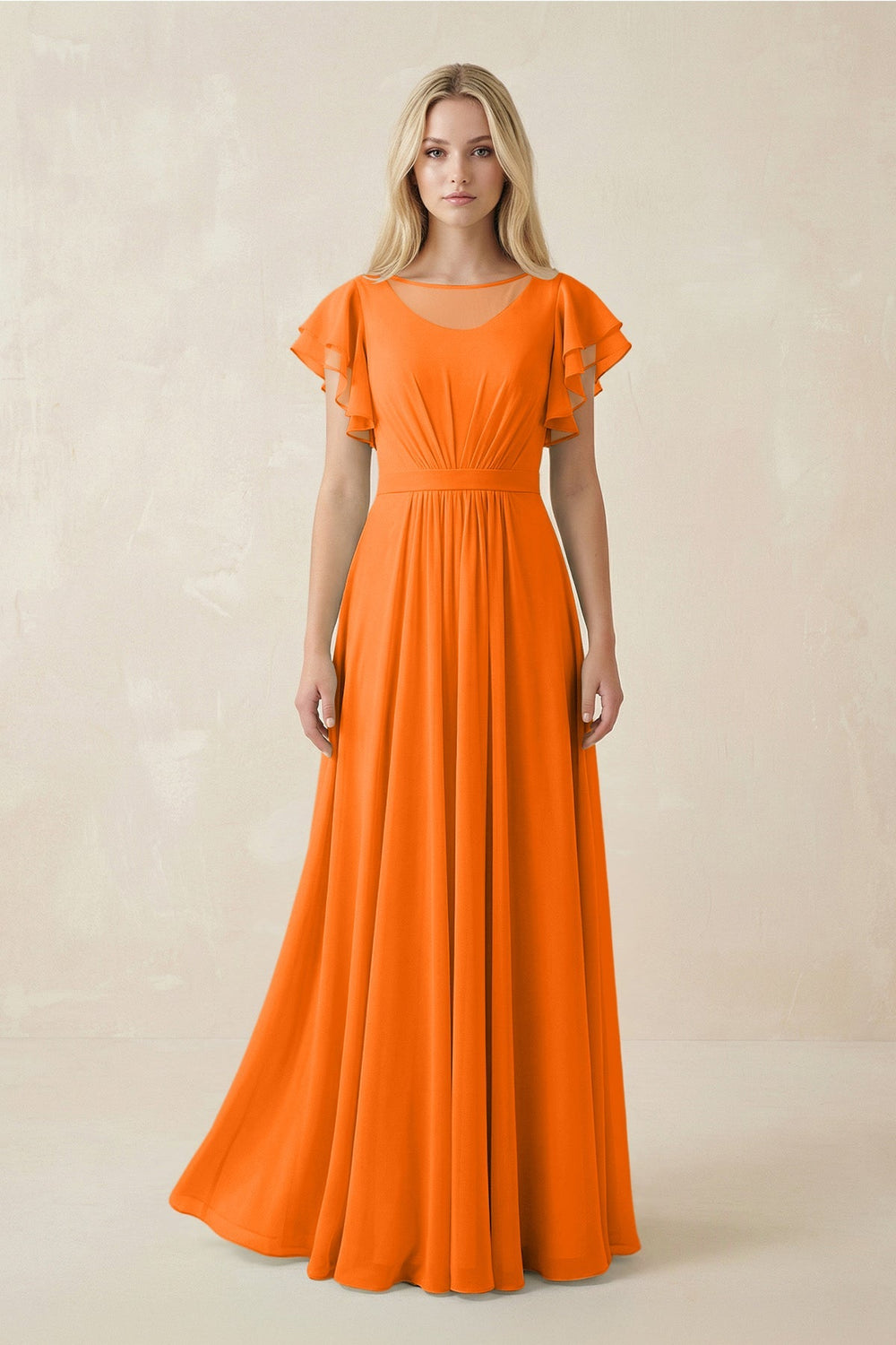 Cap Sleeve Ruffled A - Line Chiffon Bridesmaid Dress in Cinnamon - KISS BRIDAL Bridesmaid Dresses