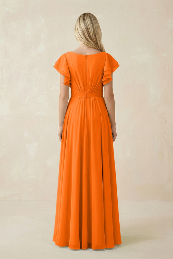 Cap Sleeve Ruffled A - Line Chiffon Bridesmaid Dress in Cinnamon - SHE IS ME Bridesmaid Dresses