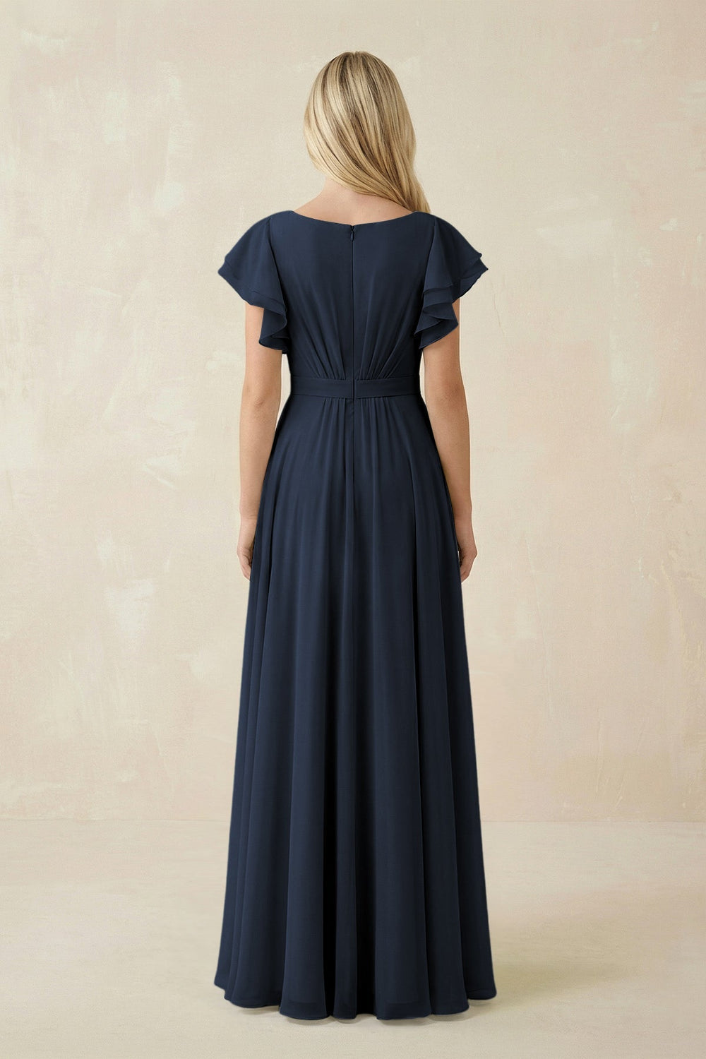 Cap Sleeve Ruffled A - Line Chiffon Bridesmaid Dress in Dark Navy - KISS BRIDAL Bridesmaid Dresses
