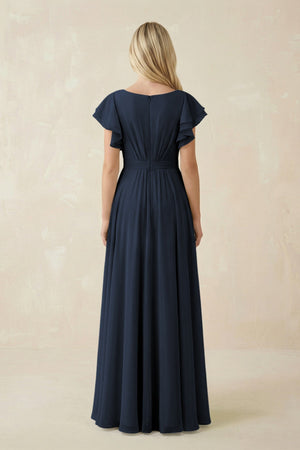 Cap Sleeve Ruffled A - Line Chiffon Bridesmaid Dress in Dark Navy - KISS BRIDAL Bridesmaid Dresses