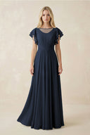 Cap Sleeve Ruffled A - Line Chiffon Bridesmaid Dress in Dark Navy - KISS BRIDAL Bridesmaid Dresses