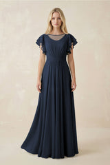 Cap Sleeve Ruffled A - Line Chiffon Bridesmaid Dress in Dark Navy - KISS BRIDAL Bridesmaid Dresses