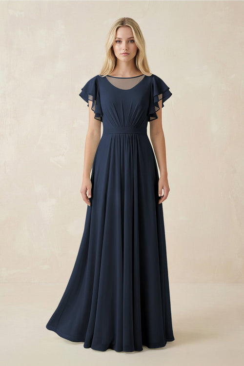 Cap Sleeve Ruffled A - Line Chiffon Bridesmaid Dress in Dark Navy - KISS BRIDAL Bridesmaid Dresses
