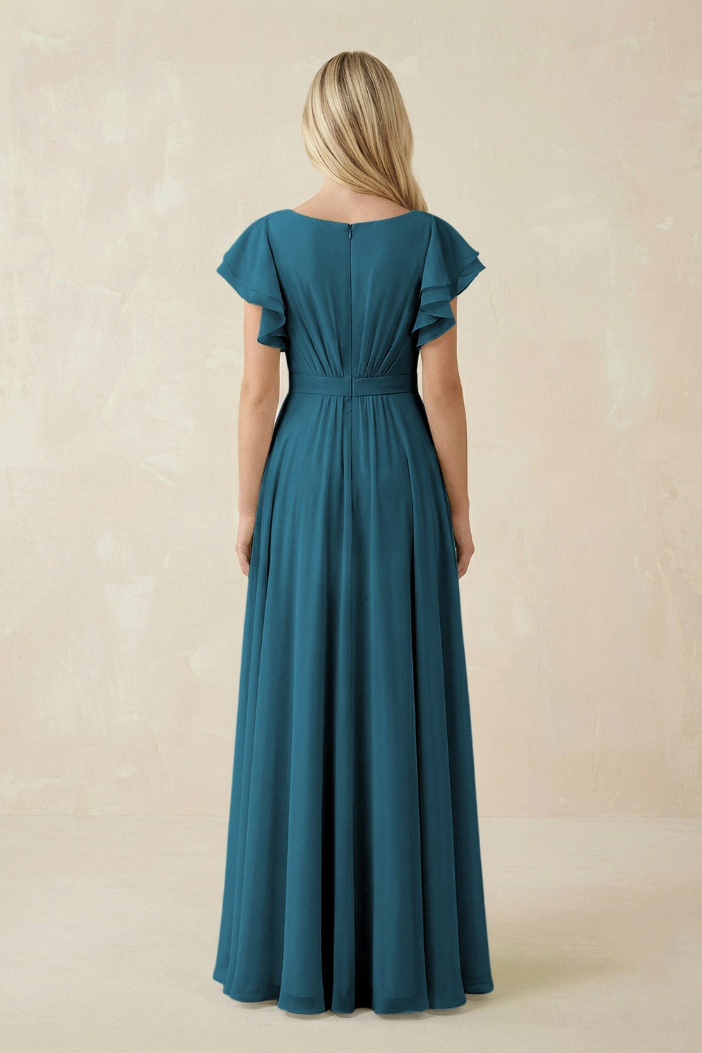Cap Sleeve Ruffled A - Line Chiffon Bridesmaid Dress in Dark Teal - KISS BRIDAL Bridesmaid Dresses