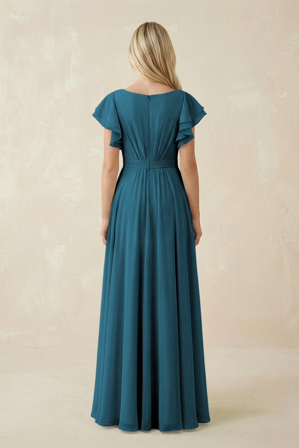 Cap Sleeve Ruffled A - Line Chiffon Bridesmaid Dress in Dark Teal - KISS BRIDAL Bridesmaid Dresses