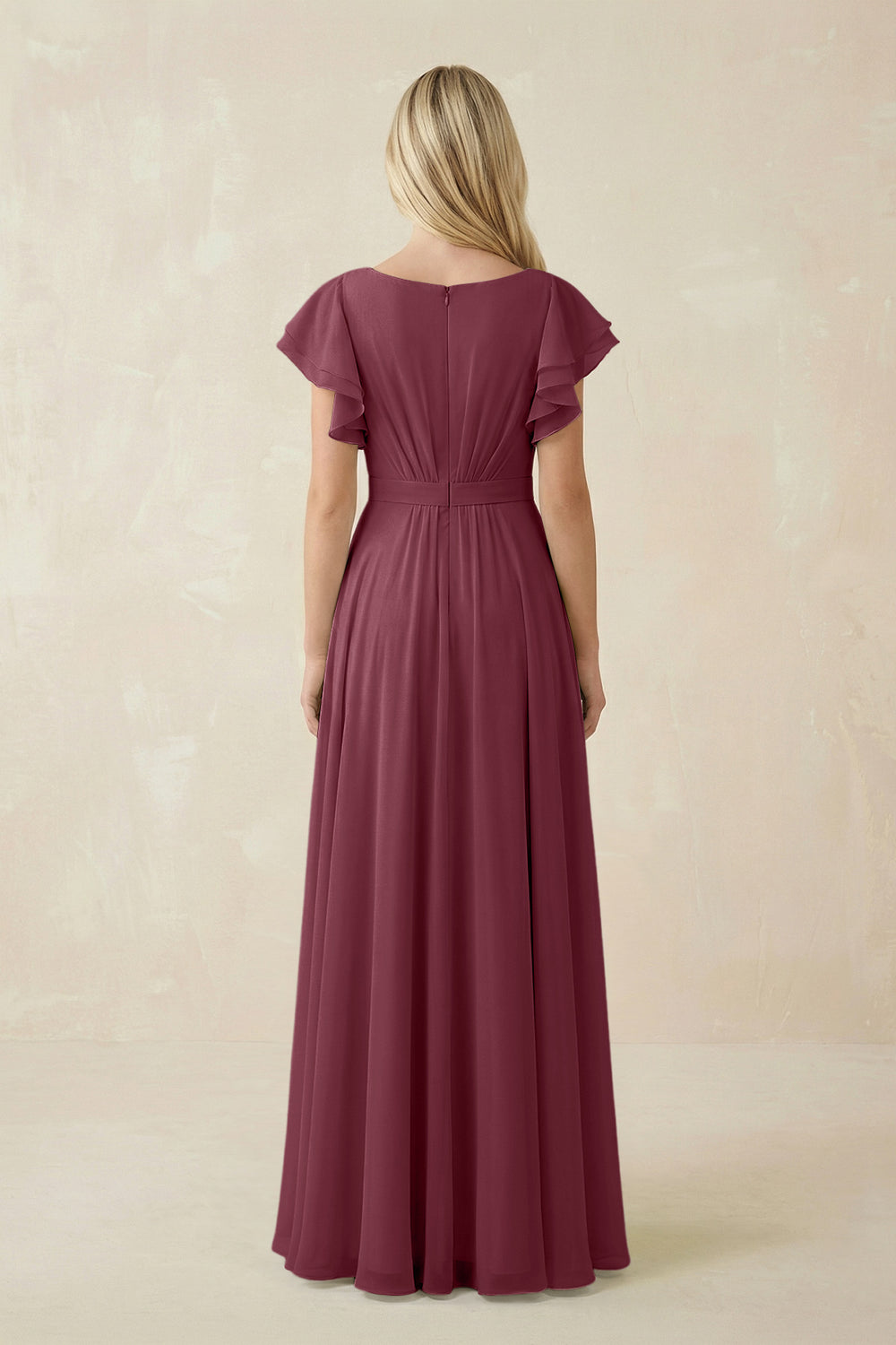 Cap Sleeve Ruffled A-Line Chiffon Bridesmaid Dress in Desert Rose