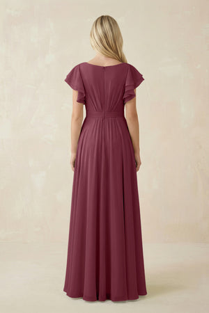 Cap Sleeve Ruffled A-Line Chiffon Bridesmaid Dress in Desert Rose (2) | KISSBRIDAL