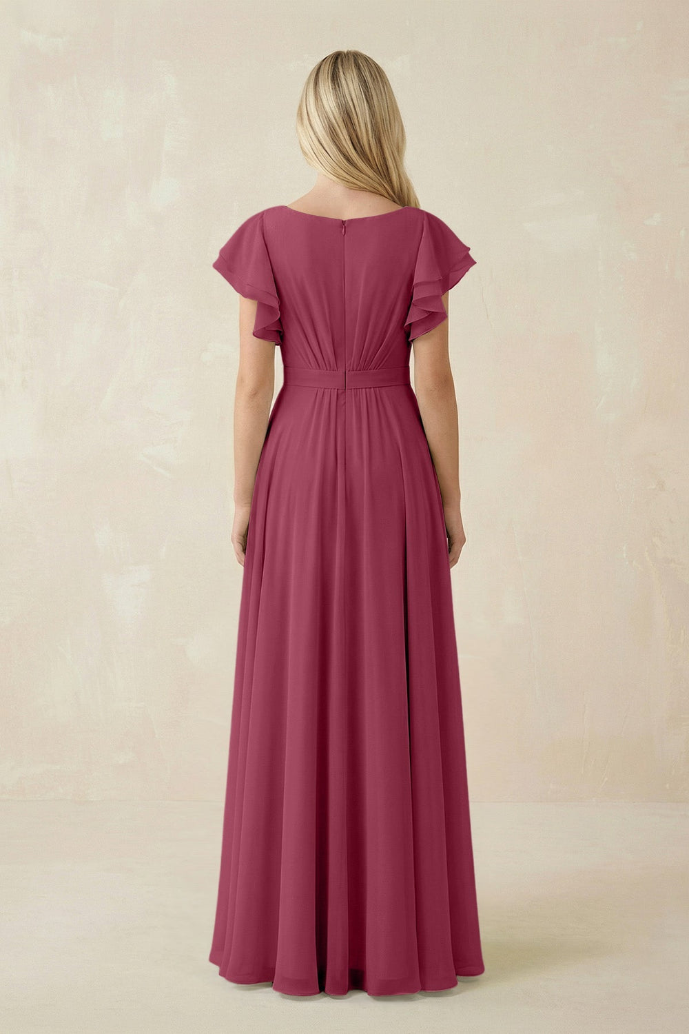 Cap Sleeve Ruffled A - Line Chiffon Bridesmaid Dress in Desert Rose - KISS BRIDAL Bridesmaid Dresses