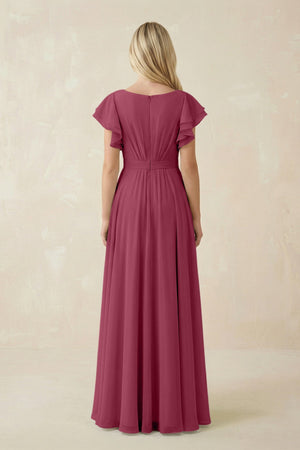 Cap Sleeve Ruffled A - Line Chiffon Bridesmaid Dress in Desert Rose - KISS BRIDAL Bridesmaid Dresses
