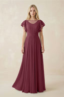 Cap Sleeve Ruffled A-Line Chiffon Bridesmaid Dress in Desert Rose | KISSBRIDAL