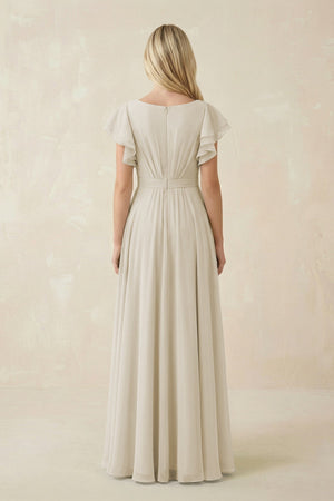 Cap Sleeve Ruffled A - Line Chiffon Bridesmaid Dress in Dove Gray - SHE IS ME Bridesmaid Dresses