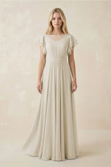 Cap Sleeve Ruffled A - Line Chiffon Bridesmaid Dress in Dove Gray - KISS BRIDAL Bridesmaid Dresses
