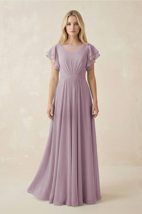 Cap Sleeve Ruffled A - Line Chiffon Bridesmaid Dress in Dusk - KISS BRIDAL Bridesmaid Dresses