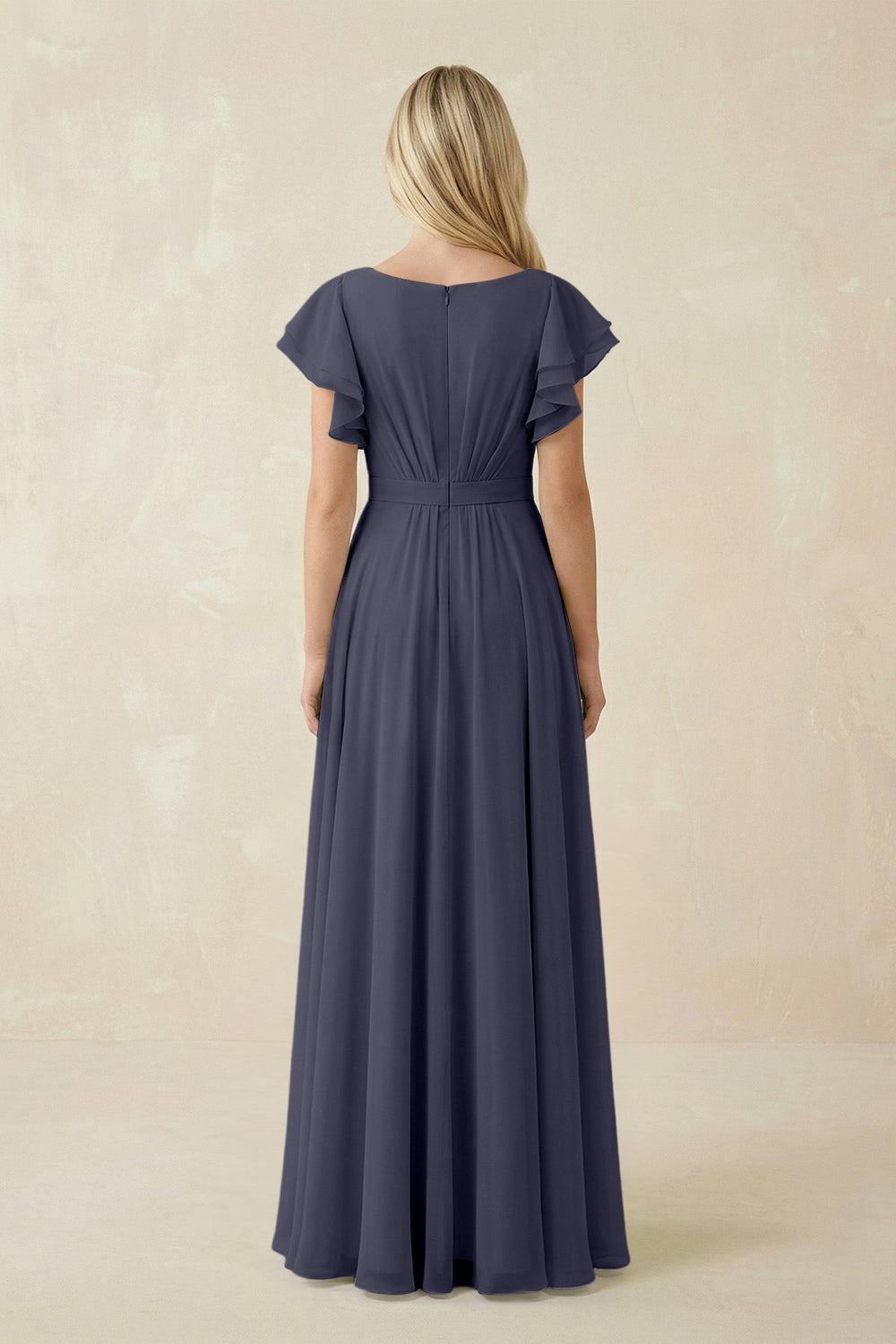 Cap Sleeve Ruffled A - Line Chiffon Bridesmaid Dress in Dusk Blue - KISS BRIDAL Bridesmaid Dresses