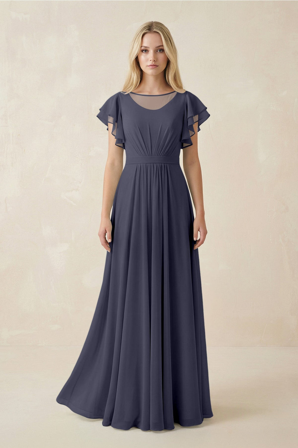 Cap Sleeve Ruffled A - Line Chiffon Bridesmaid Dress in Dusk Blue - KISS BRIDAL Bridesmaid Dresses