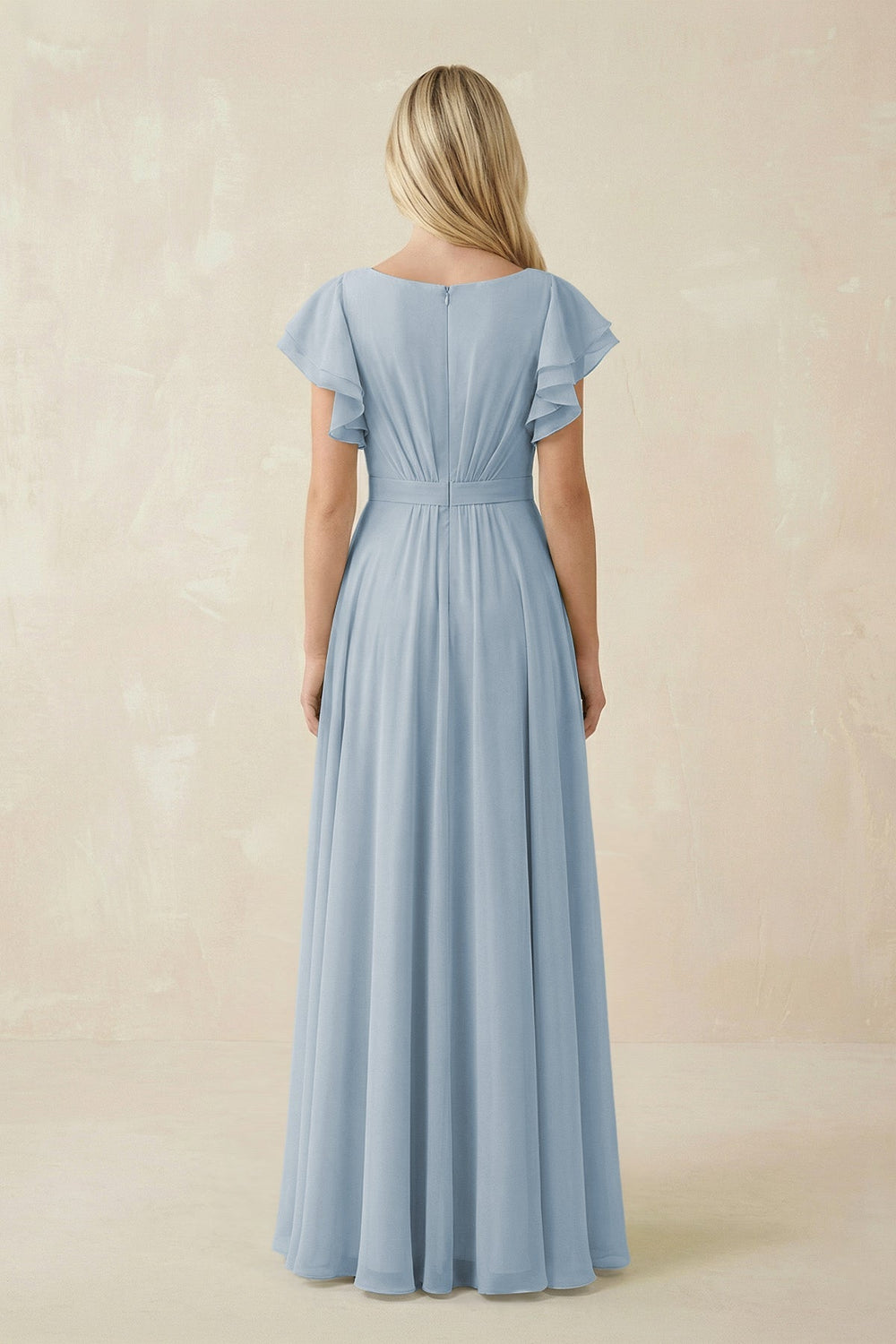 Cap Sleeve Ruffled A - Line Chiffon Bridesmaid Dress in Dusty Blue - KISS BRIDAL Bridesmaid Dresses