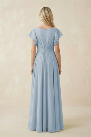 Cap Sleeve Ruffled A - Line Chiffon Bridesmaid Dress in Dusty Blue - KISS BRIDAL Bridesmaid Dresses
