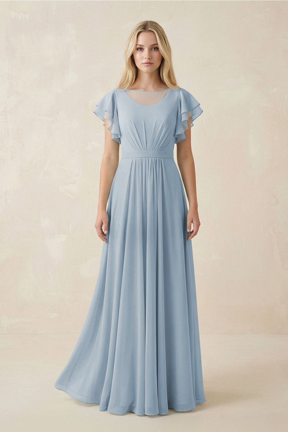 Cap Sleeve Ruffled A - Line Chiffon Bridesmaid Dress in Dusty Blue - KISS BRIDAL Bridesmaid Dresses