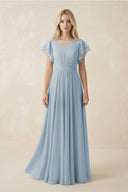 Cap Sleeve Ruffled A - Line Chiffon Bridesmaid Dress in Dusty Blue - KISS BRIDAL Bridesmaid Dresses