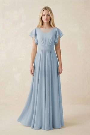 Cap Sleeve Ruffled A - Line Chiffon Bridesmaid Dress in Dusty Blue - KISS BRIDAL Bridesmaid Dresses