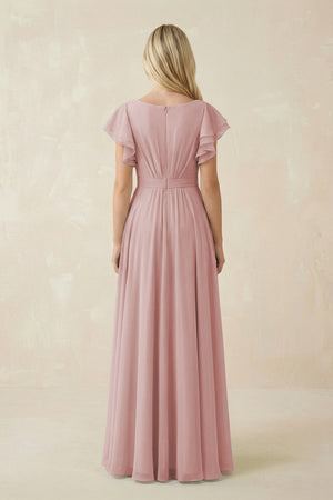 Cap Sleeve Ruffled A - Line Chiffon Bridesmaid Dress in Dusty Rose - KISS BRIDAL Bridesmaid Dresses