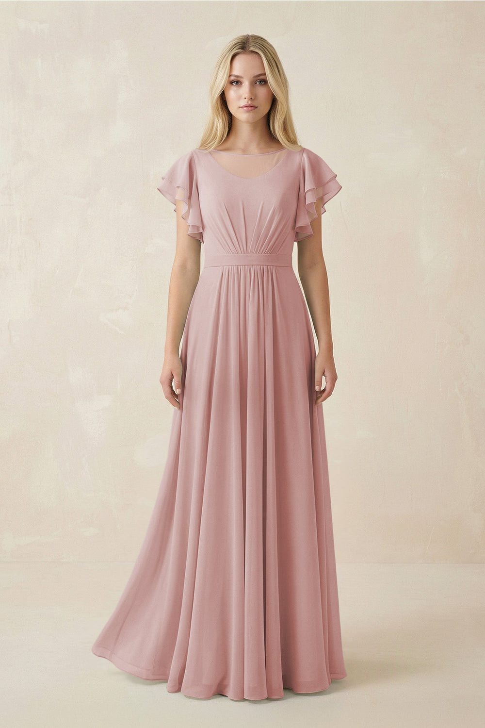 Cap Sleeve Ruffled A - Line Chiffon Bridesmaid Dress in Dusty Rose - KISS BRIDAL Bridesmaid Dresses