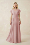 Cap Sleeve Ruffled A - Line Chiffon Bridesmaid Dress in Dusty Rose - KISS BRIDAL Bridesmaid Dresses