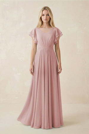 Cap Sleeve Ruffled A - Line Chiffon Bridesmaid Dress in Dusty Rose - KISS BRIDAL Bridesmaid Dresses