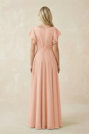 Cap Sleeve Ruffled A - Line Chiffon Bridesmaid Dress in English Rose - KISS BRIDAL Bridesmaid Dresses
