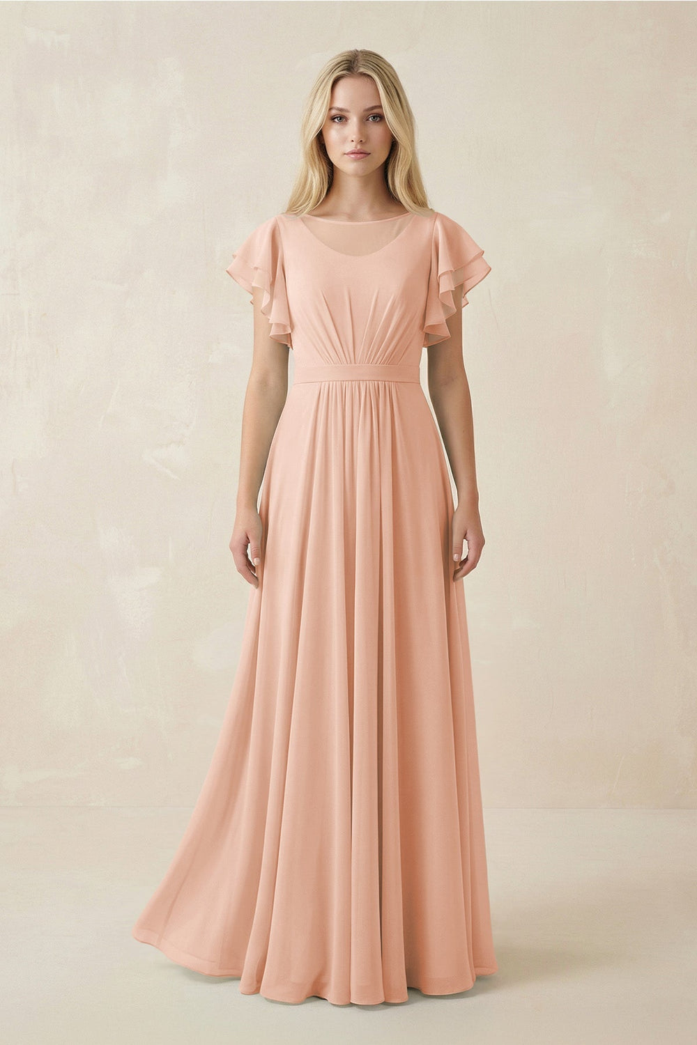 Cap Sleeve Ruffled A - Line Chiffon Bridesmaid Dress in English Rose - KISS BRIDAL Bridesmaid Dresses