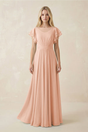 Cap Sleeve Ruffled A - Line Chiffon Bridesmaid Dress in English Rose - KISS BRIDAL Bridesmaid Dresses