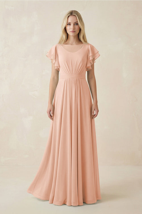 Cap Sleeve Ruffled A - Line Chiffon Bridesmaid Dress in English Rose - KISS BRIDAL Bridesmaid Dresses