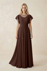 Cap Sleeve Ruffled A - Line Chiffon Bridesmaid Dress in Espresso - KISS BRIDAL Bridesmaid Dresses