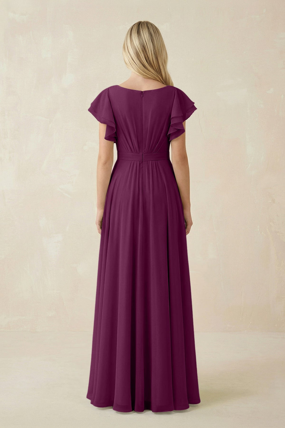 Cap Sleeve Ruffled A - Line Chiffon Bridesmaid Dress in Fig - KISS BRIDAL Bridesmaid Dresses
