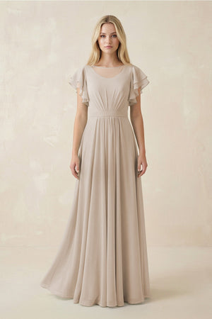 Cap Sleeve Ruffled A - Line Chiffon Bridesmaid Dress in Frost - KISS BRIDAL Bridesmaid Dresses