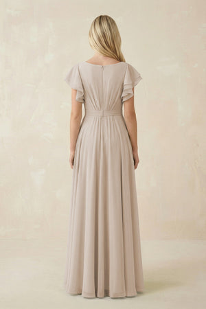Cap Sleeve Ruffled A - Line Chiffon Bridesmaid Dress in Frost - KISS BRIDAL Bridesmaid Dresses