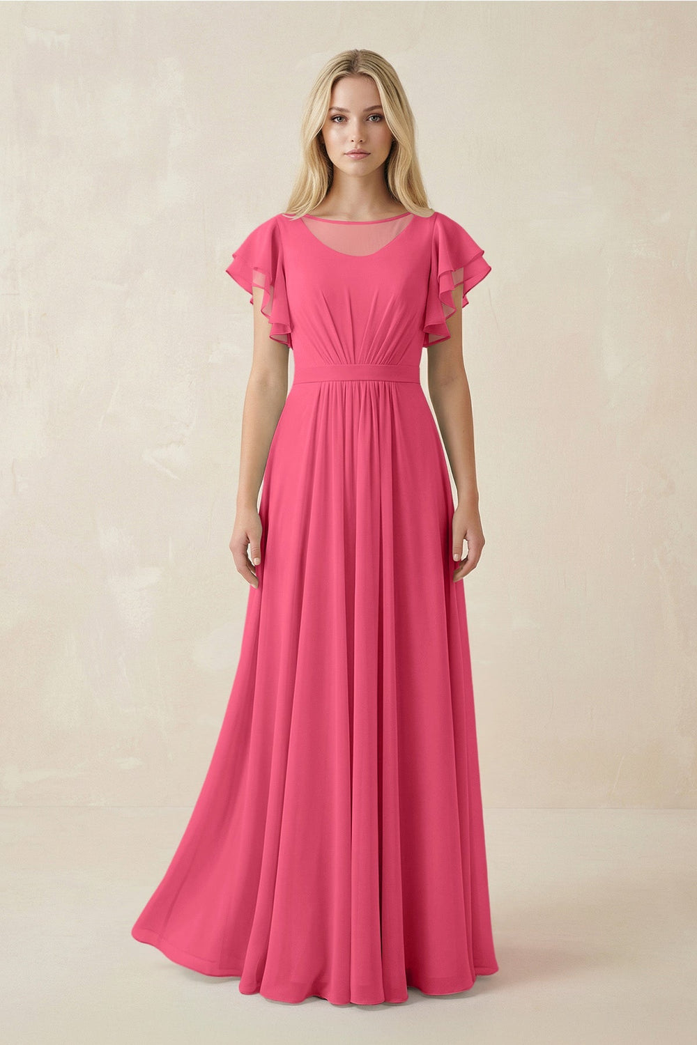 Cap Sleeve Ruffled A - Line Chiffon Bridesmaid Dress in Fuchsia - KISS BRIDAL Bridesmaid Dresses