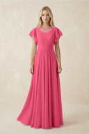 Cap Sleeve Ruffled A - Line Chiffon Bridesmaid Dress in Fuchsia - KISS BRIDAL Bridesmaid Dresses