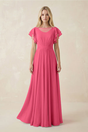 Cap Sleeve Ruffled A - Line Chiffon Bridesmaid Dress in Fuchsia - KISS BRIDAL Bridesmaid Dresses