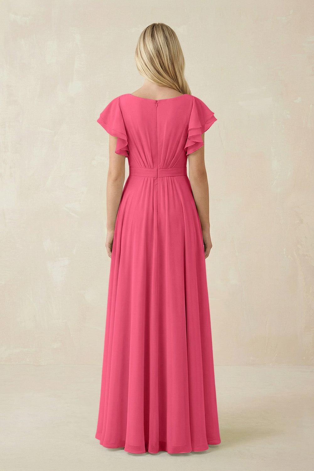 Cap Sleeve Ruffled A - Line Chiffon Bridesmaid Dress in Fuchsia - KISS BRIDAL Bridesmaid Dresses