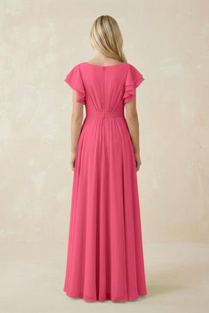 Cap Sleeve Ruffled A - Line Chiffon Bridesmaid Dress in Fuchsia - KISS BRIDAL Bridesmaid Dresses