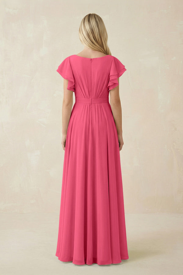 Cap Sleeve Ruffled A - Line Chiffon Bridesmaid Dress in Fuchsia - KISS BRIDAL Bridesmaid Dresses